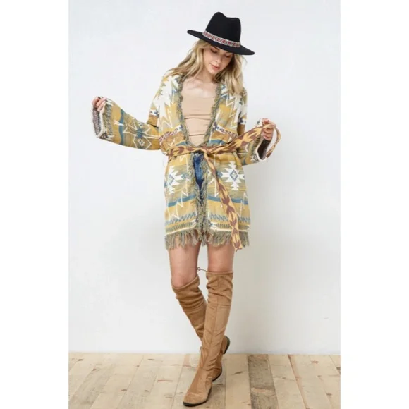 SOLD OUT Mustard Fringe Western Native Aztec Belted Tie Knit Cardigan Sweater - Picture 4 of 9